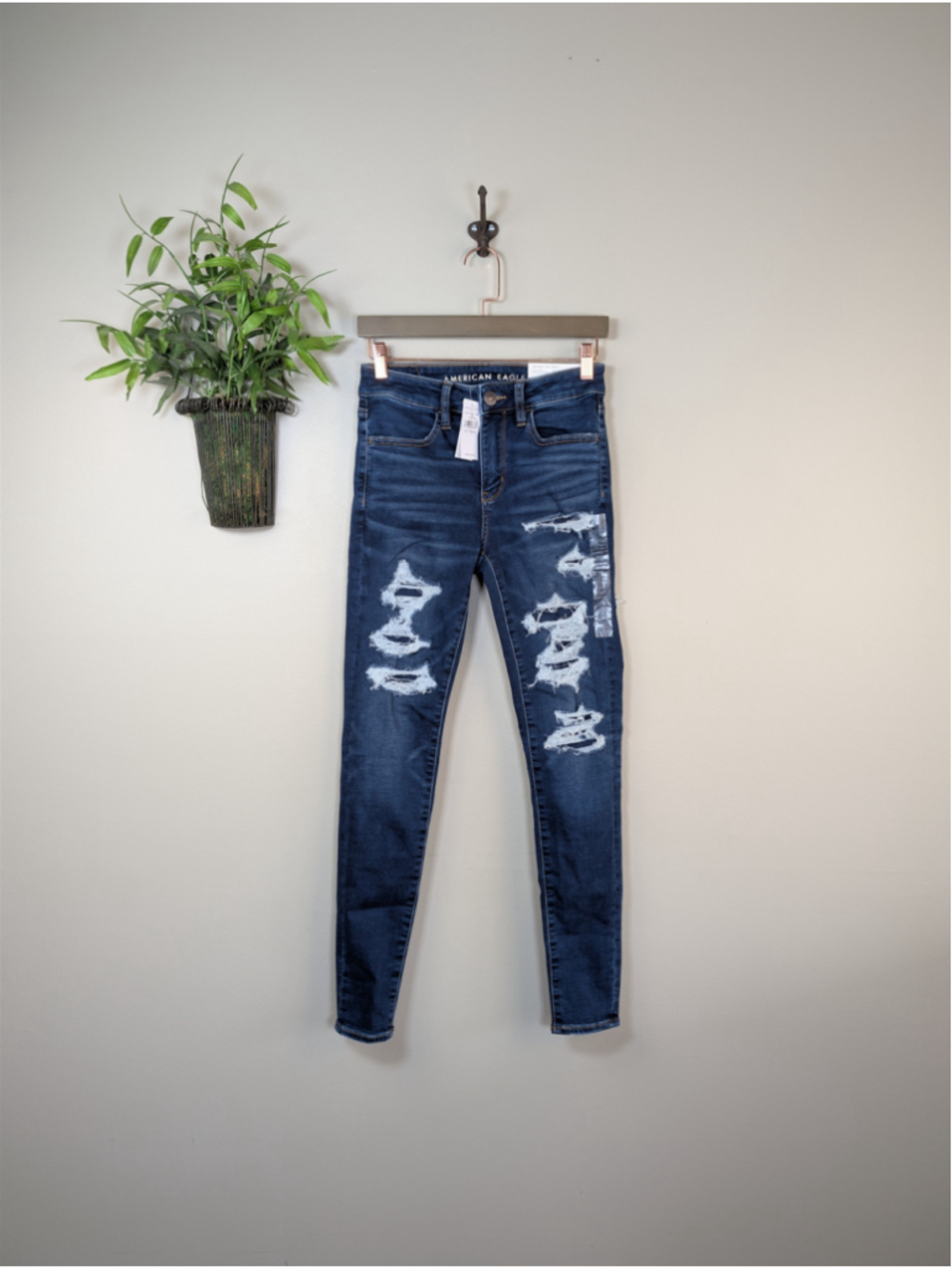 NEW American Eagle 2 Hi Rise Jegging Skinny Jeans Dark Distressed Stretch AE